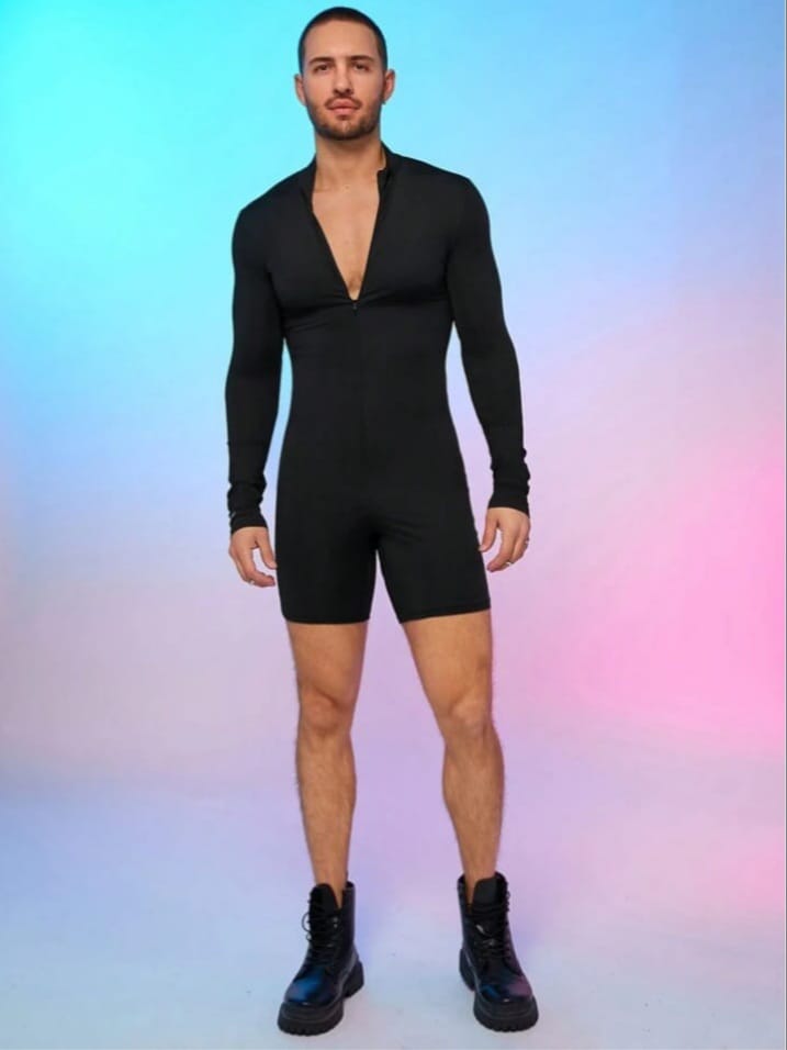 Men's Knit Skinny Mock Neck Hidden Zipper Long Sleeve Romper